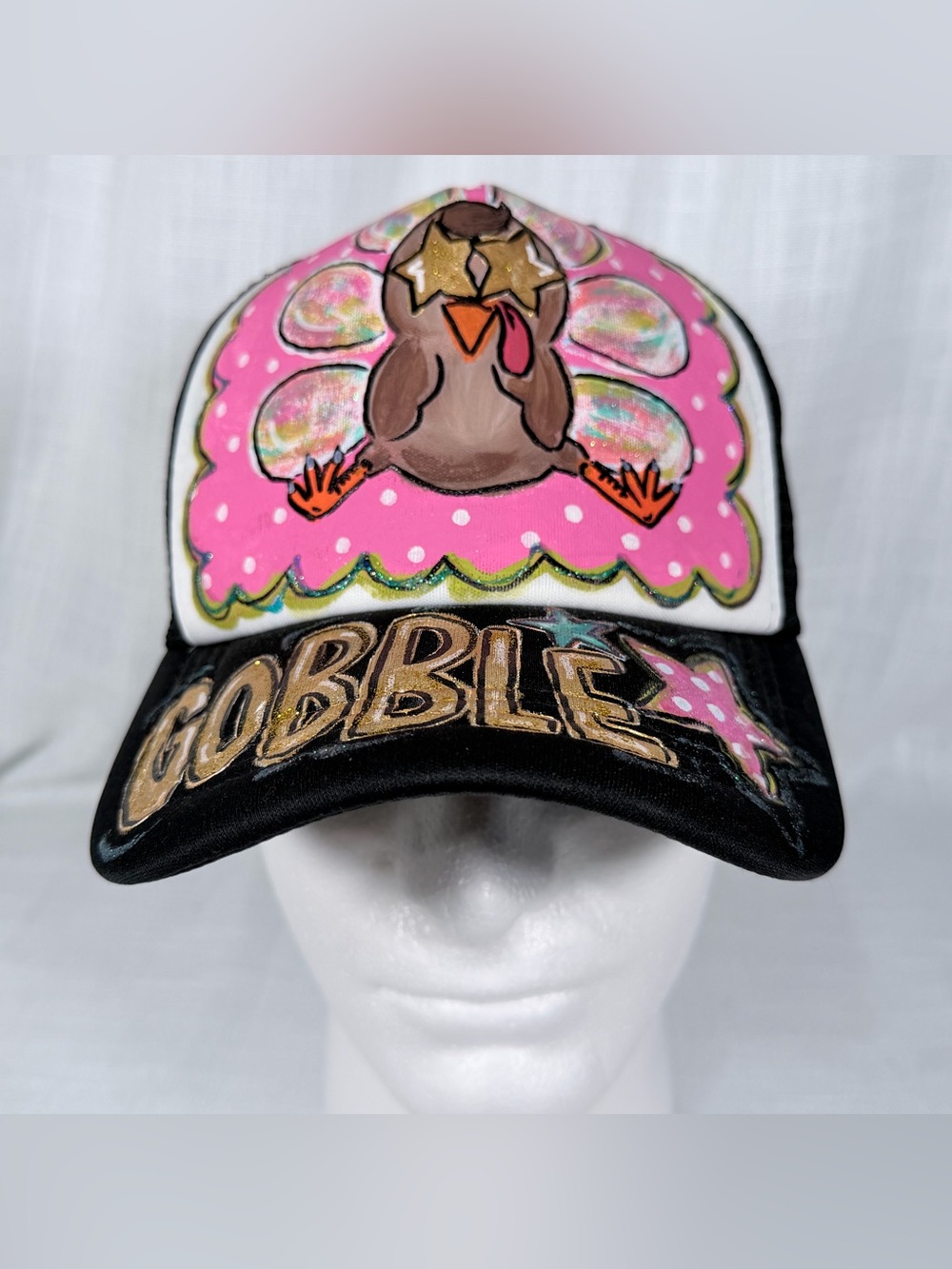 Custom Hand Painted Thanksgiving Turkey Hat Gobble Pink Black Trucker Mesh Cap N